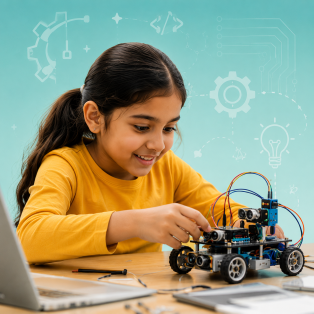 Student building a robot kit