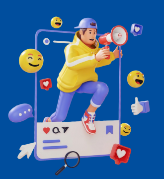Illustration of a person with a megaphone on a social feed