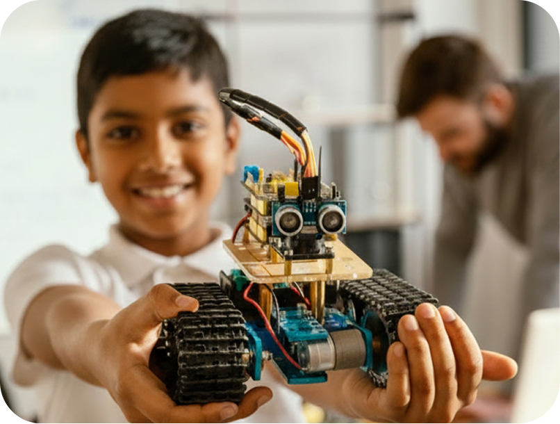 Grow with us — boy holding out a tracked robot he built