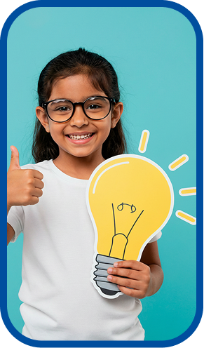 Girl giving a thumbs up while holding a lightbulb cut-out