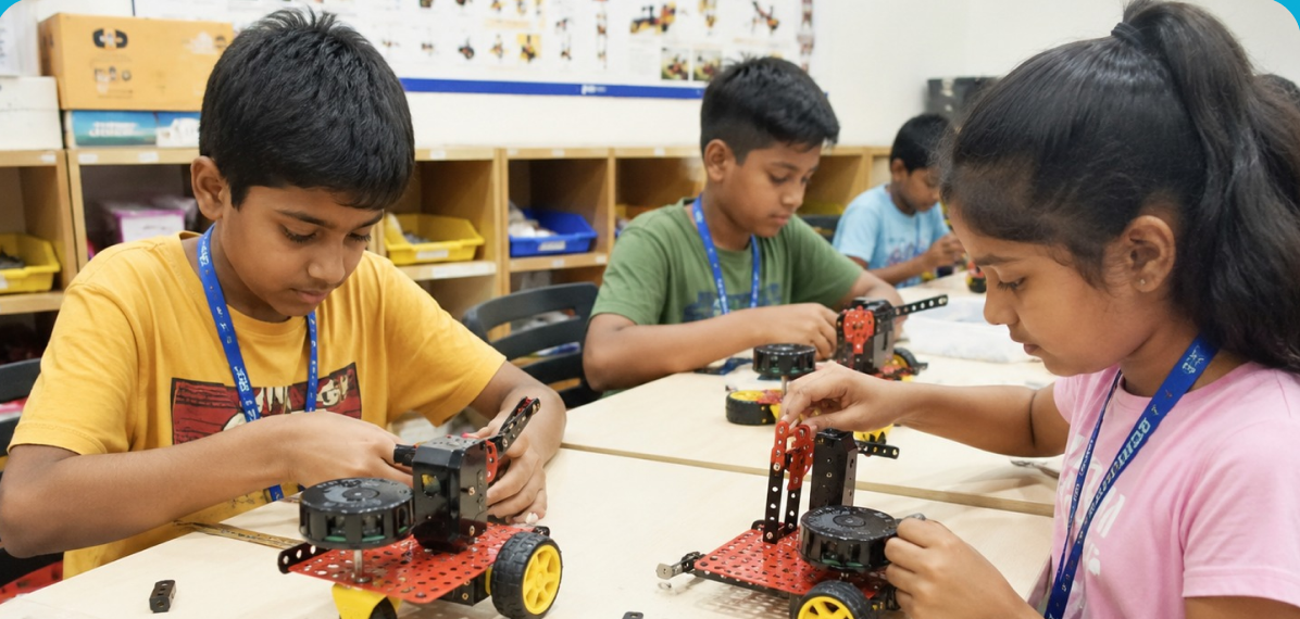 Life at Robokidz hero — students building robot chassis in a lab