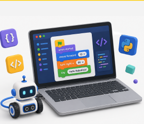 Perk icon — laptop with block code and a robot (Team offsites)