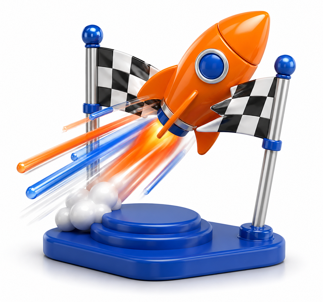 Value icon — rocket launching past chequered flags (Move fast, finish)